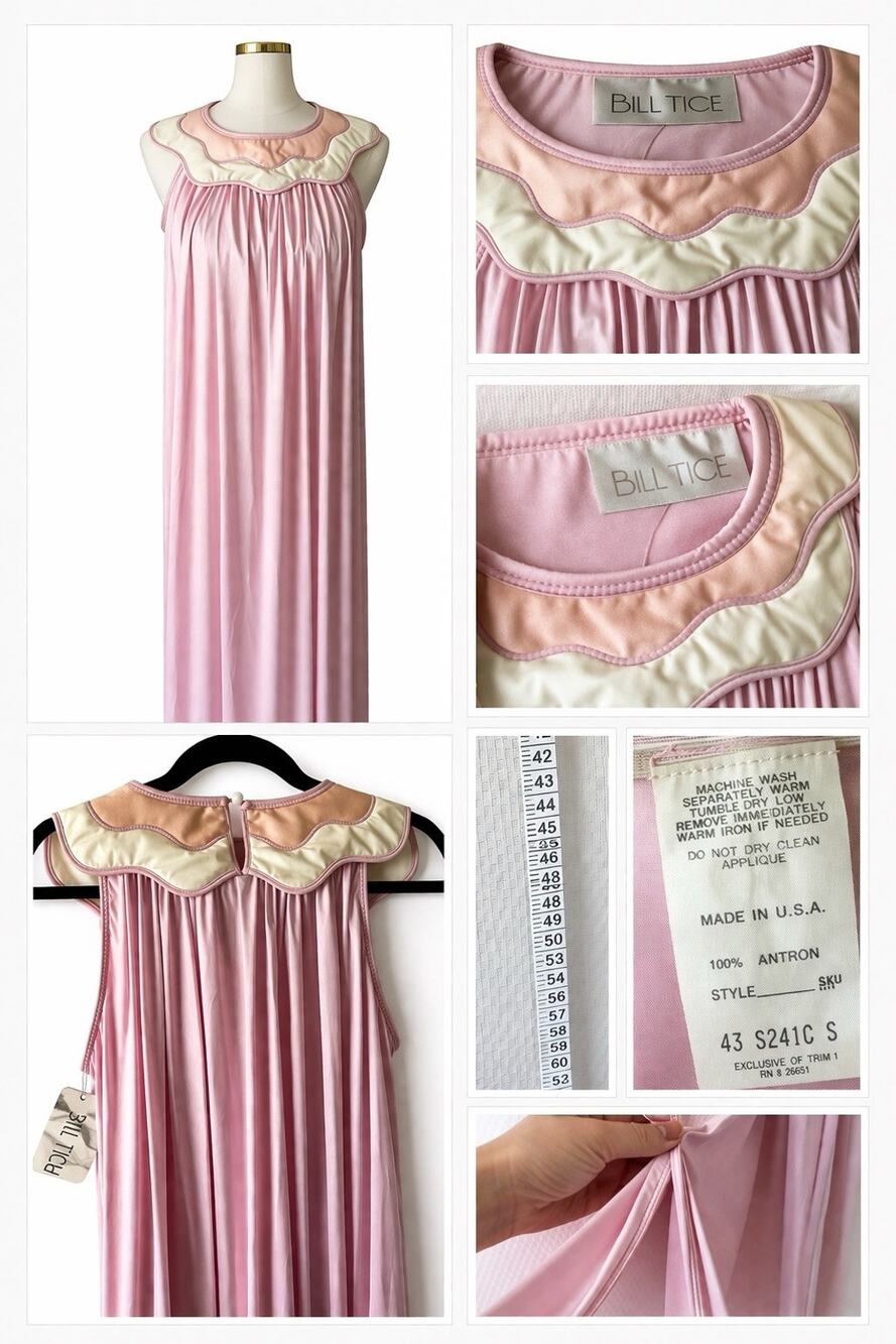 VTG BILL TICE Pink 70s Pastel Quilted Bib Groovy Long Nightgown Dress Small